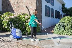 donna delle pulizie che pulisce un pavimento esterno con una lancia e un macchinario specificon pavimento esterno